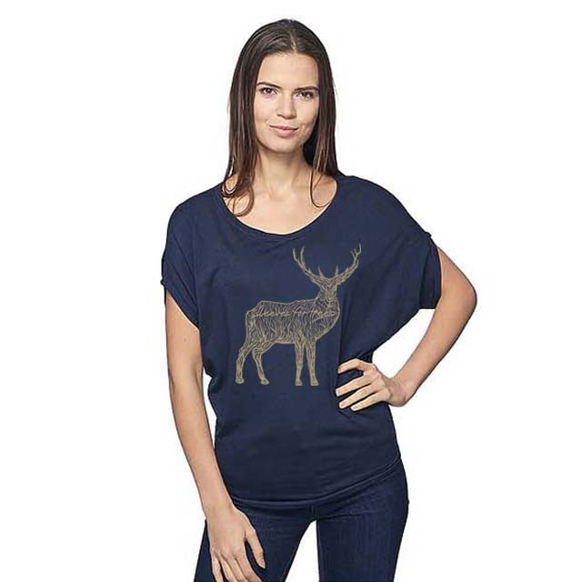 Women's Viscose Organic Bamboo & Organic Cotton Off Shoulder Top Midnight Golden Deer